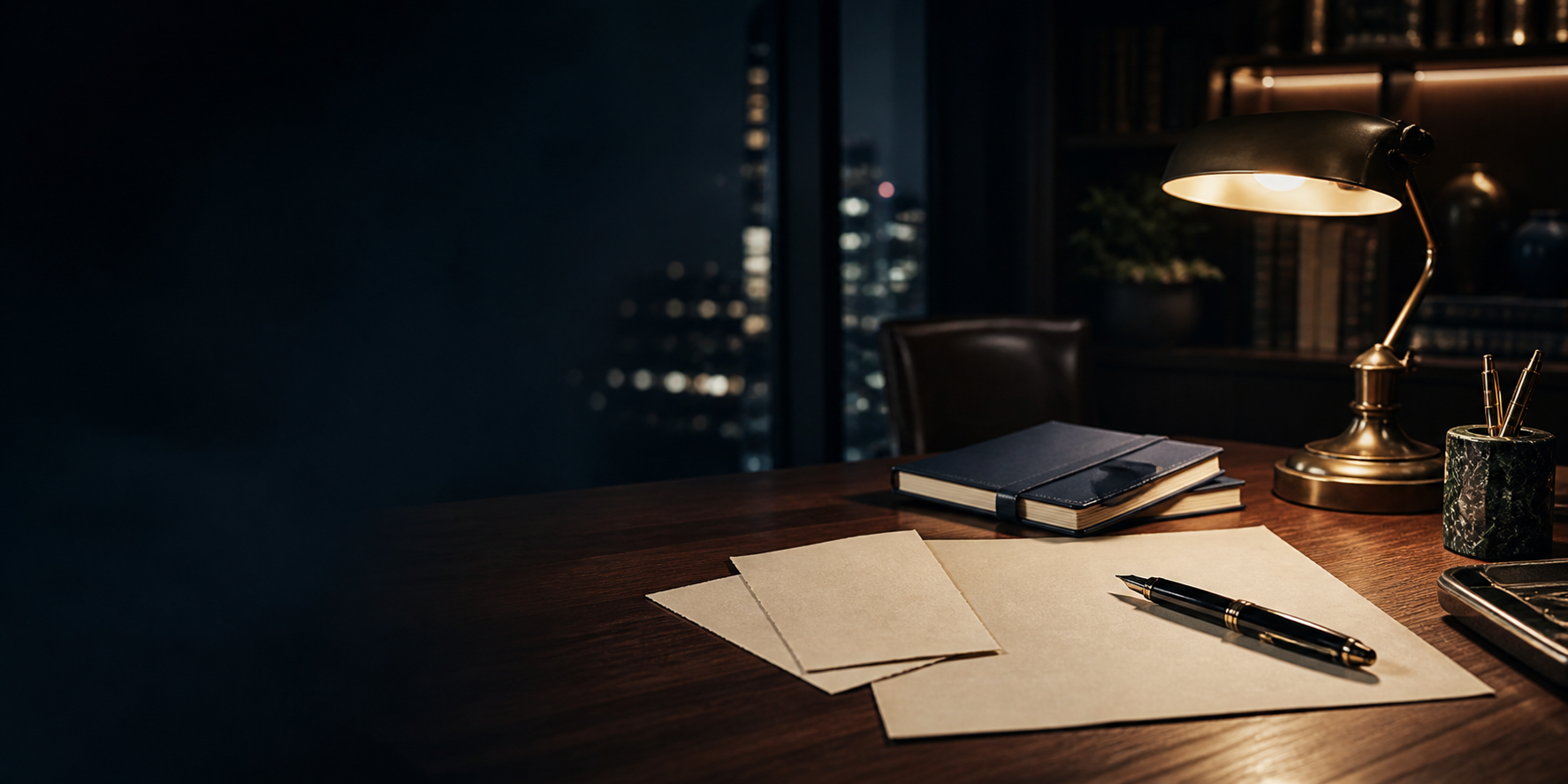 A fountain pen and blank editorial papers on an executive desk in a softly lit institutional study.