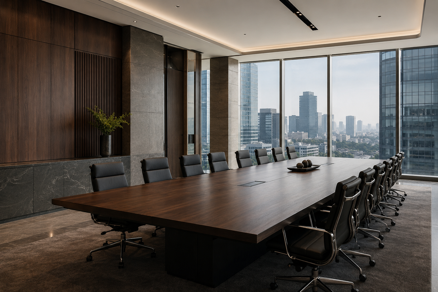 Modern institutional boardroom overlooking an urban business district