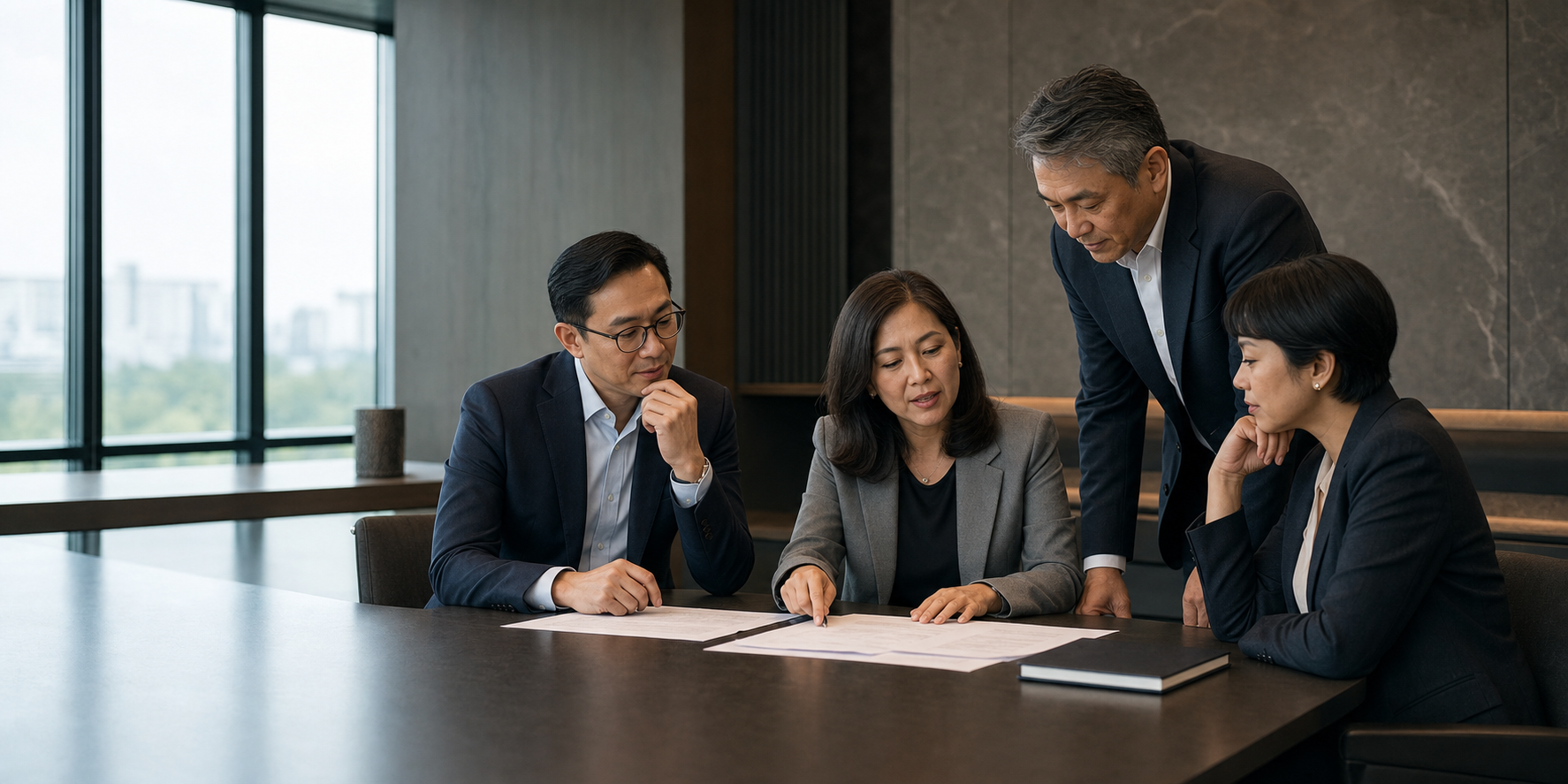 Indonesian executives reviewing corporate finance materials in a contemporary boardroom