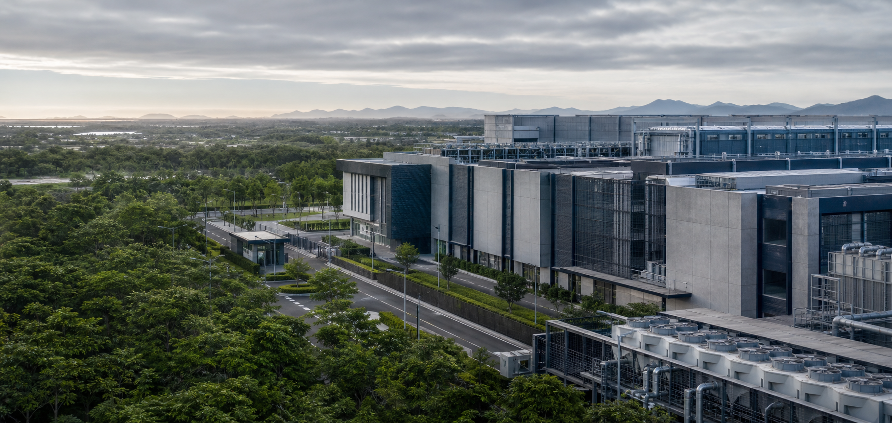A modern data-centre campus with connected buildings, cooling infrastructure, roads, and landscaped surroundings.
