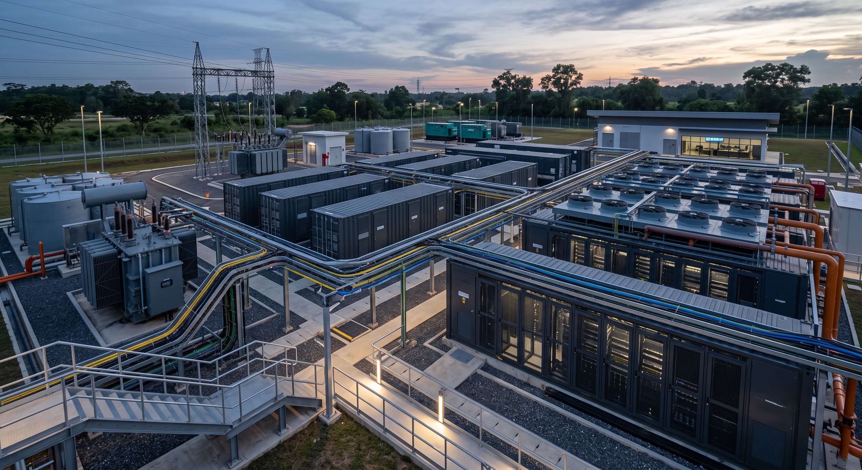 Integrated data-centre power, cooling, electrical, and computing infrastructure within a secured operational campus.
