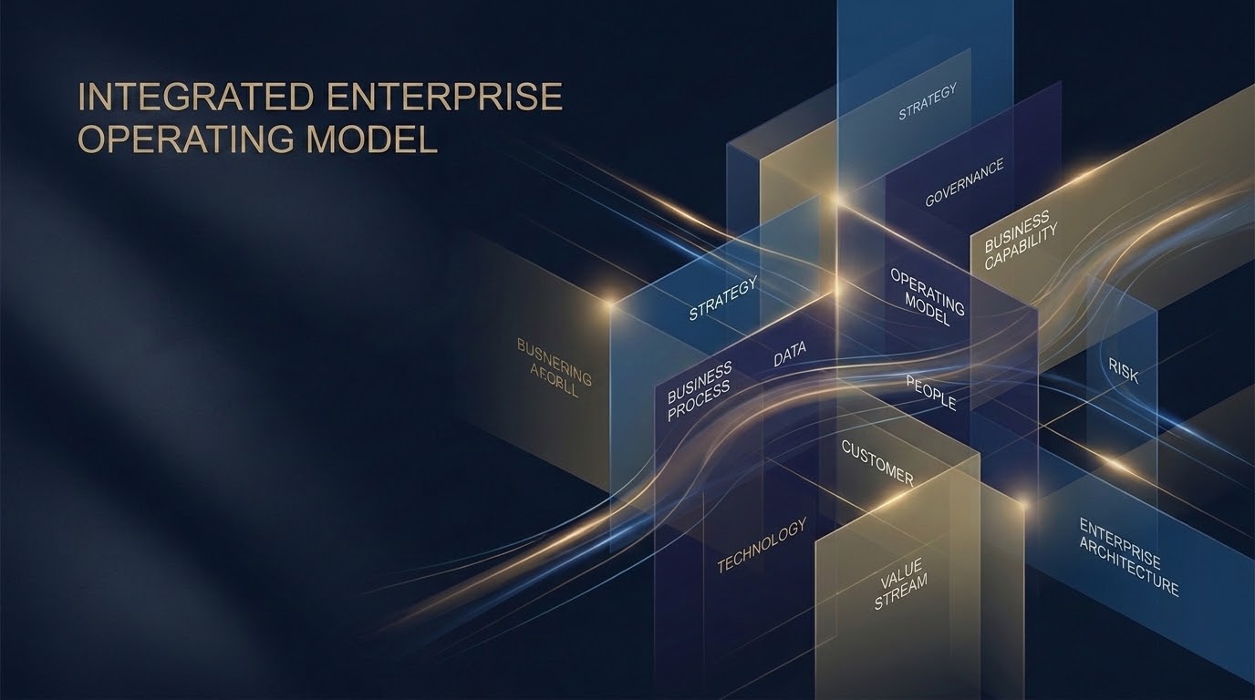 Conceptual enterprise transformation architecture connecting strategy, operating model, processes, technology, data, governance, and capabilities