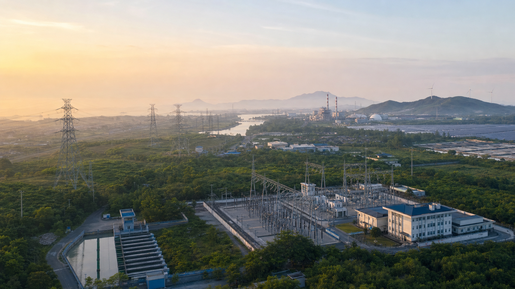 Integrated energy and utility infrastructure across a tropical regional landscape.