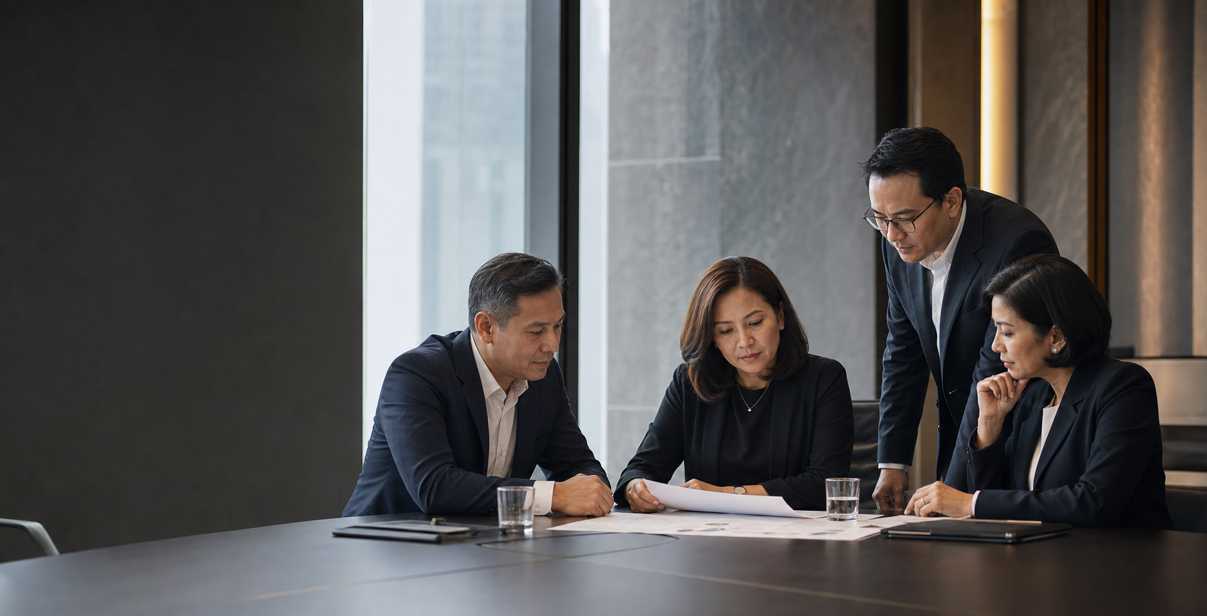 Indonesian executives reviewing enterprise strategy materials in a contemporary boardroom