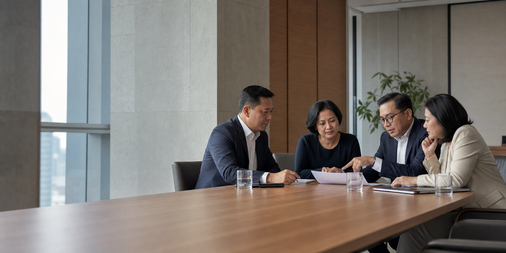 Indonesian executives reviewing ESG and sustainability priorities in a contemporary boardroom