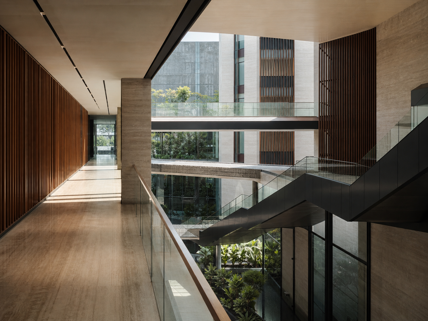 Intersecting walkways and structural planes within an anonymous institutional interior.