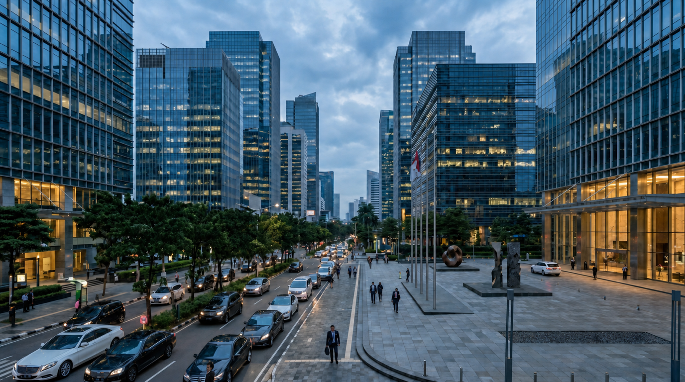 Brand-neutral Jakarta financial district with modern institutional towers, a tree-lined avenue, and a civic plaza at dusk.
