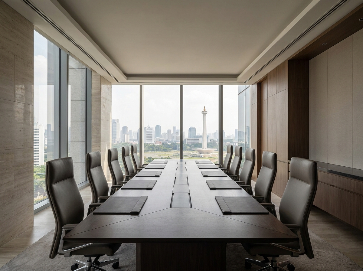 An empty executive boardroom overlooking Jakarta with the National Monument in view.
