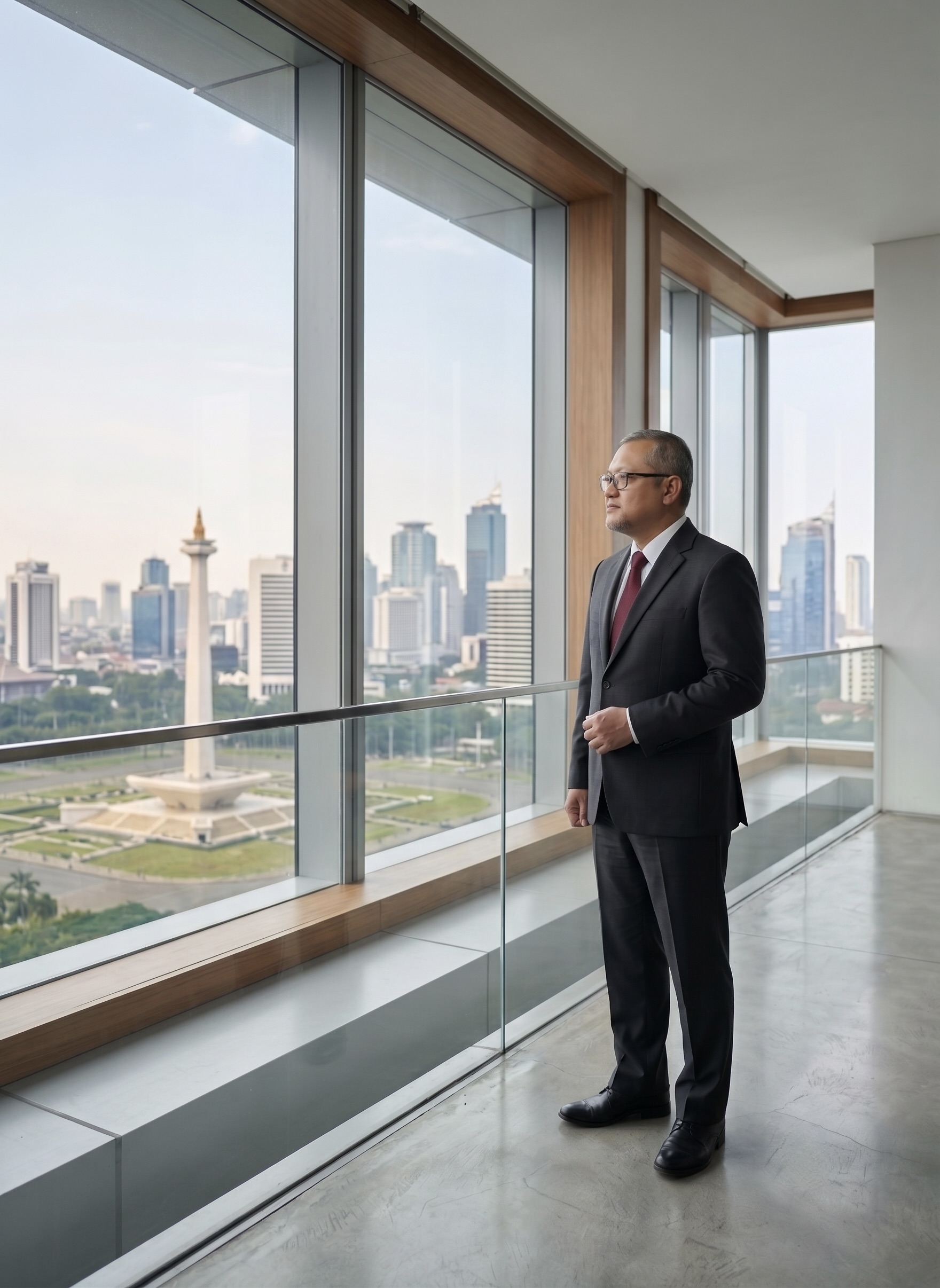 K. Hendarto overlooking the Jakarta skyline from an institutional office setting