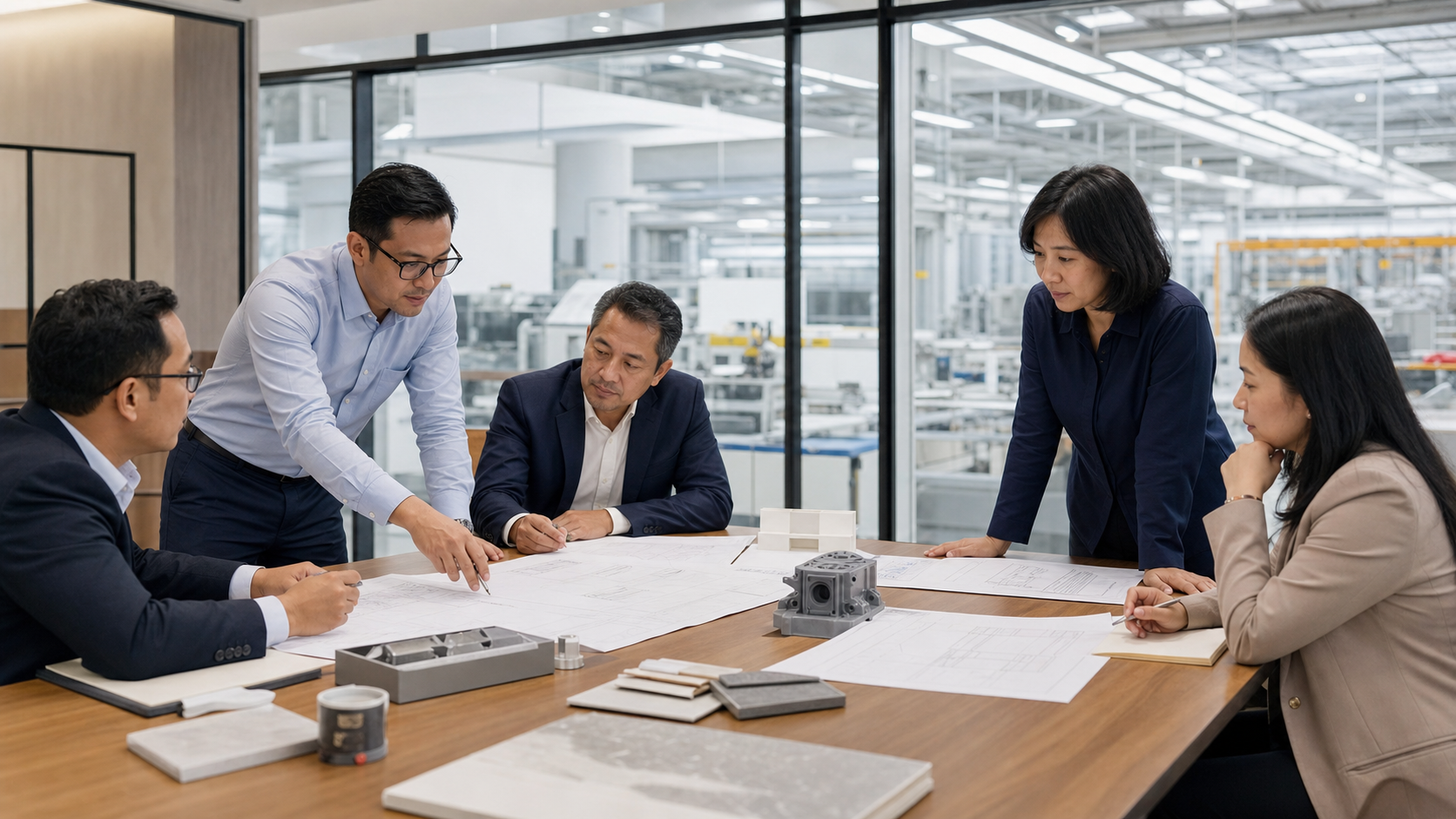 Indonesian enterprise and manufacturing leaders reviewing physical plans and material samples in a planning room overlooking a modern production environment.