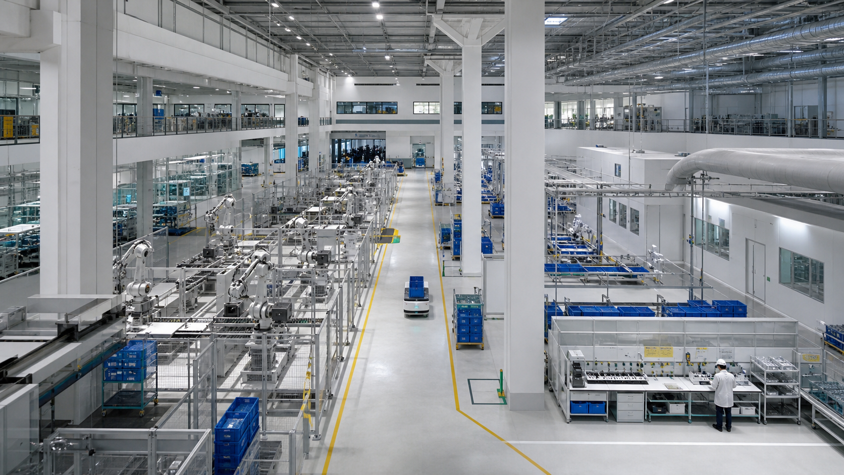A modern manufacturing ecosystem with interconnected automated production, material-flow, and supporting operational zones.