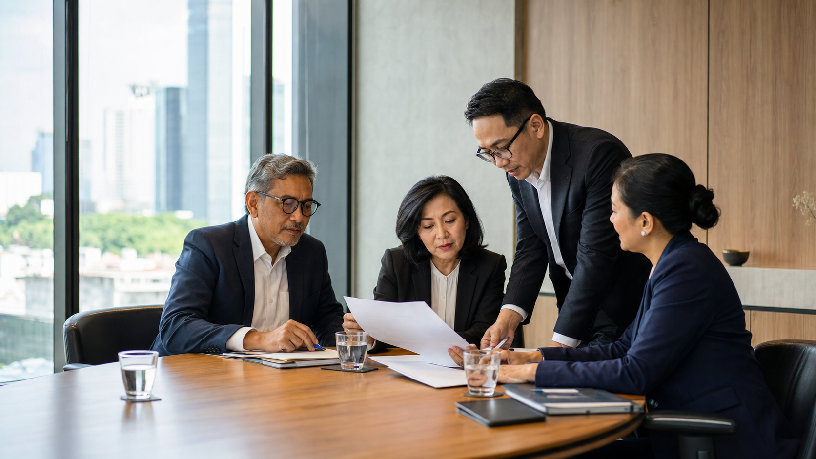 Indonesian senior professionals reviewing an institutional update in a modern boardroom.