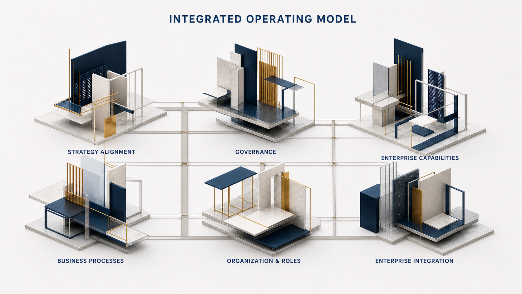 Integrated Operating Model illustration showing six equally weighted, interconnected dimensions: Strategy Alignment, Governance, Enterprise Capabilities, Business Processes, Organization & Roles, and Enterprise Integration.