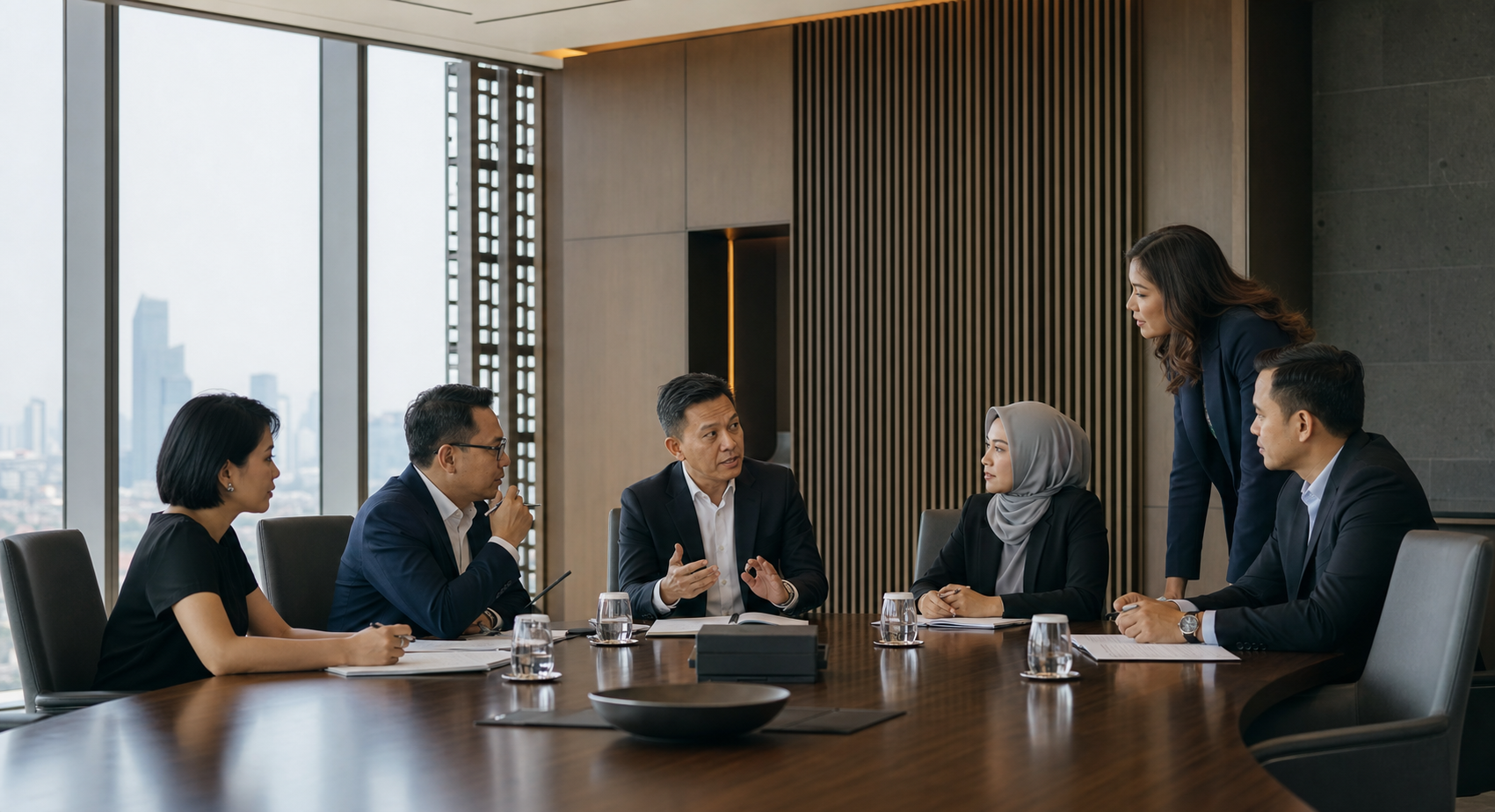 Indonesian enterprise leaders engaged in a strategic discussion in a contemporary boardroom.