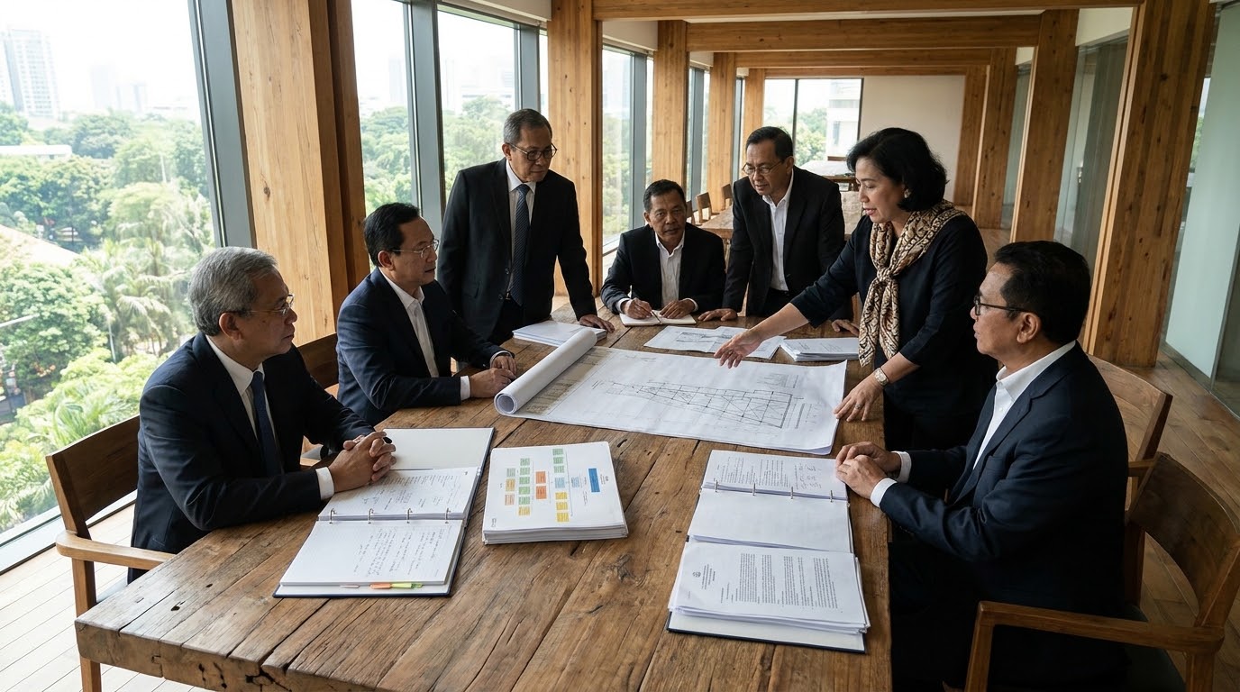 Indonesian institutional leaders reviewing large planning documents around a wooden table in a modern Jakarta workspace.