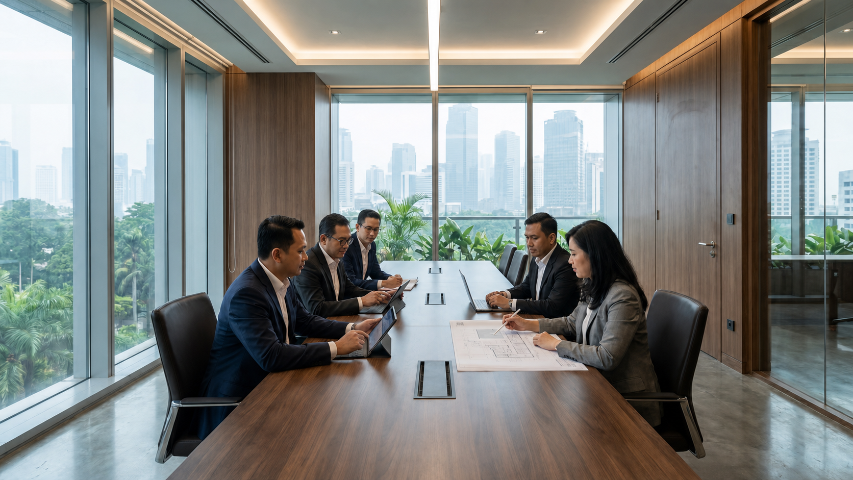 Indonesian executives reviewing institutional research in a modern boardroom overlooking Jakarta.