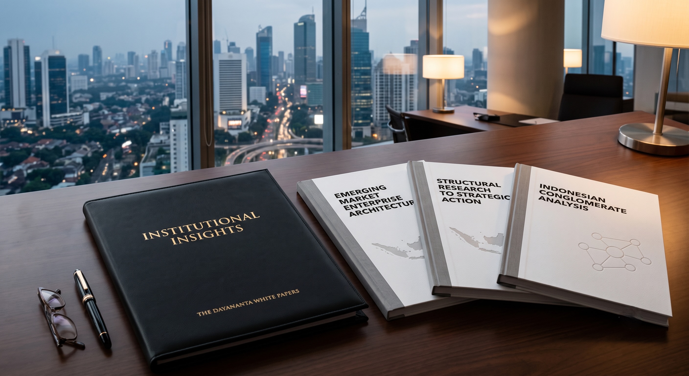 A leather Institutional Insights portfolio and three white papers arranged on a desk overlooking an urban skyline.
